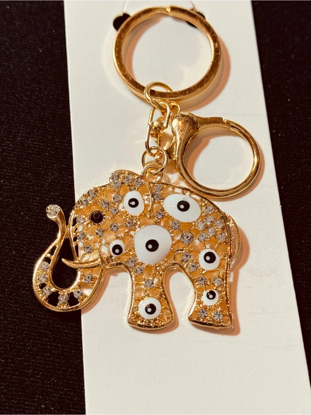 NWT Crystal Rhinestone Elephant Evil Eye Keychain Bag Charm Gold Tone White